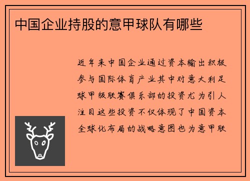 中国企业持股的意甲球队有哪些